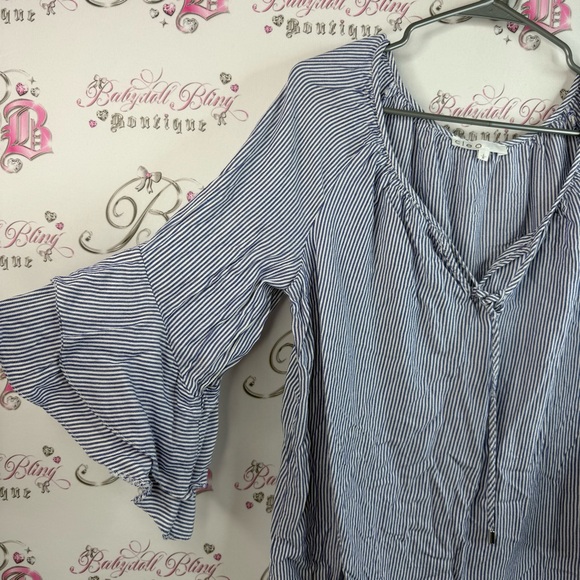 Cleo long sleeve top ruffles frilly tie up Blue Striped Ruffle Sleeve Top - Picture 6 of 13